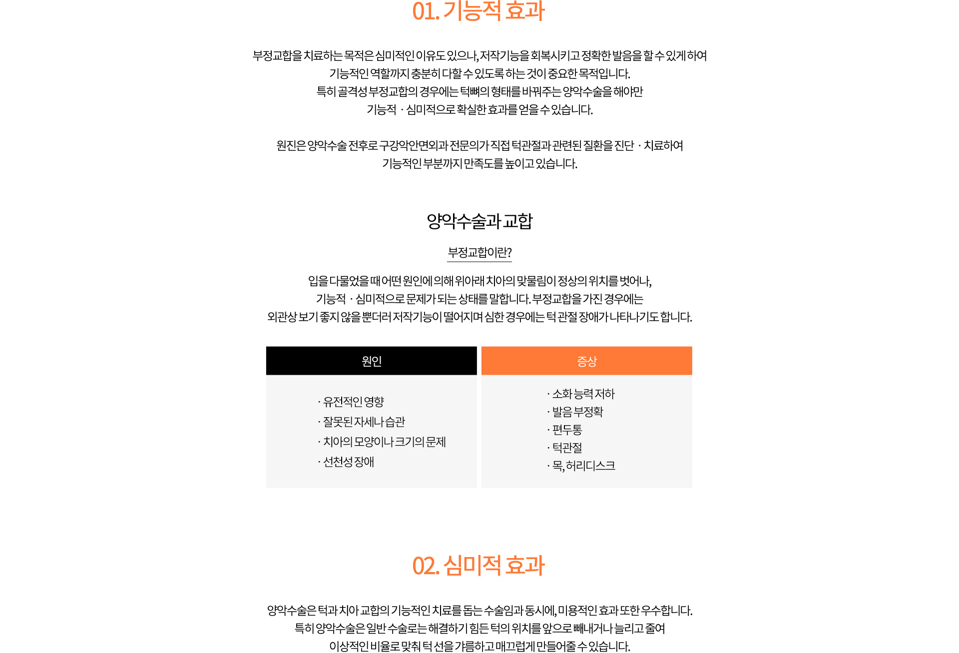 01. 기능적 효과
		부정교합을 치료하는 목적은 심미적인 이유도 있으나, 저작기능을 회복시키고 정확한 발음을 할 수 있게 하여
		기능적인 역할까지 충분히 다할 수 있도록 하는 것이 중요한 목적입니다.
		특히 골격성 부정교합의 경우에는 턱뼈의 형태를 바꿔주는 양악수술을 해야만
		기능적ㆍ심미적으로 확실한 효과를 얻을 수 있습니다.

		원진은 양악수술 전후로 구강내과 전문의가 직접 턱관절과 관련된 질환을 진단ㆍ치료하여
		기능적인 부분까지 만족도를 높이고 있습니다.
		양악수술과 교합
		부정교합이란?
		입을 다물었을 때 어떤 원인에 의해 위아래 치아의 맞물림이 정상의 위치를 벗어나,
		기능적ㆍ심미적으로 문제가 되는 상태를 말합니다. 부정교합을 가진 경우에는
		외관상 보기 좋지 않을뿐더러 저작기능이 떨어지며 심한 경우에는 턱 관절 장애가 나타나기도 합니다.
		원인
		유전적인 영향
		잘못된 자세나 습관
		치아의 모양이나 크기의 문제
		선천성 장애
		증상
		소화 능력 저하
		발음 부정확
		편두통
		턱관절
		목, 허리디스크
		02. 심미적 효과
		양악수술은 턱과 치아 교합의 기능적인 치료를 돕는 수술임과 동시에, 미용적인 효과 또한 우수합니다.
		특히 양악수술은 일반 수술로는 해결하기 힘든 턱의 위치를 앞으로 빼내거나 늘리고 줄여
		이상적인 비율로 맞춰 턱 선을 갸름하고 매끄럽게 만들어줄 수 있습니다.
		