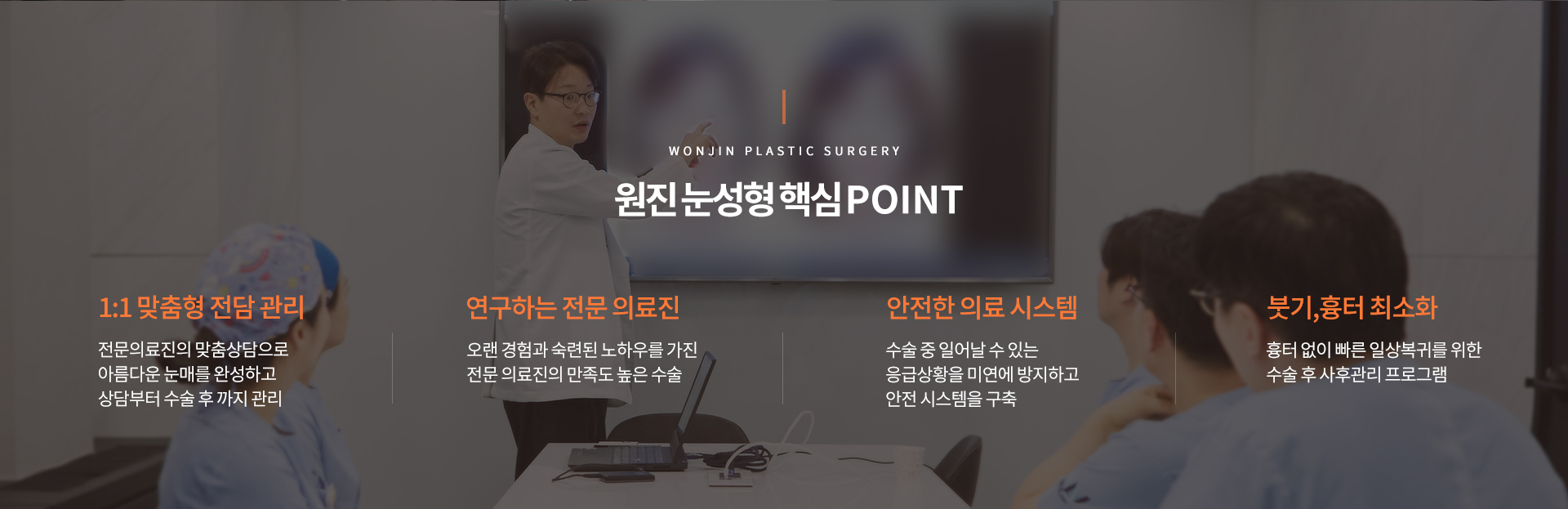 원진 눈성형 핵심 POINT
1:1 맞춤형 전담 관리
전문의료진의 맞춤상담으로
아름다운 눈매를 완성하고
상담부터 수술 후 까지 관리
연구하는 전문 의료진
오랜 경험과 숙련된 노하우를 가진 
전문 의료진의 만족도 높은 수술
안전한 의료 시스템
수술 중 일어날 수 있는
응급상황을 미연에 방지하고
안전 시스템을 구축
붓기,흉터 최소화
흉터 없이 빠른 일상복귀를 위한
수술 후 사후관리 프로그램

