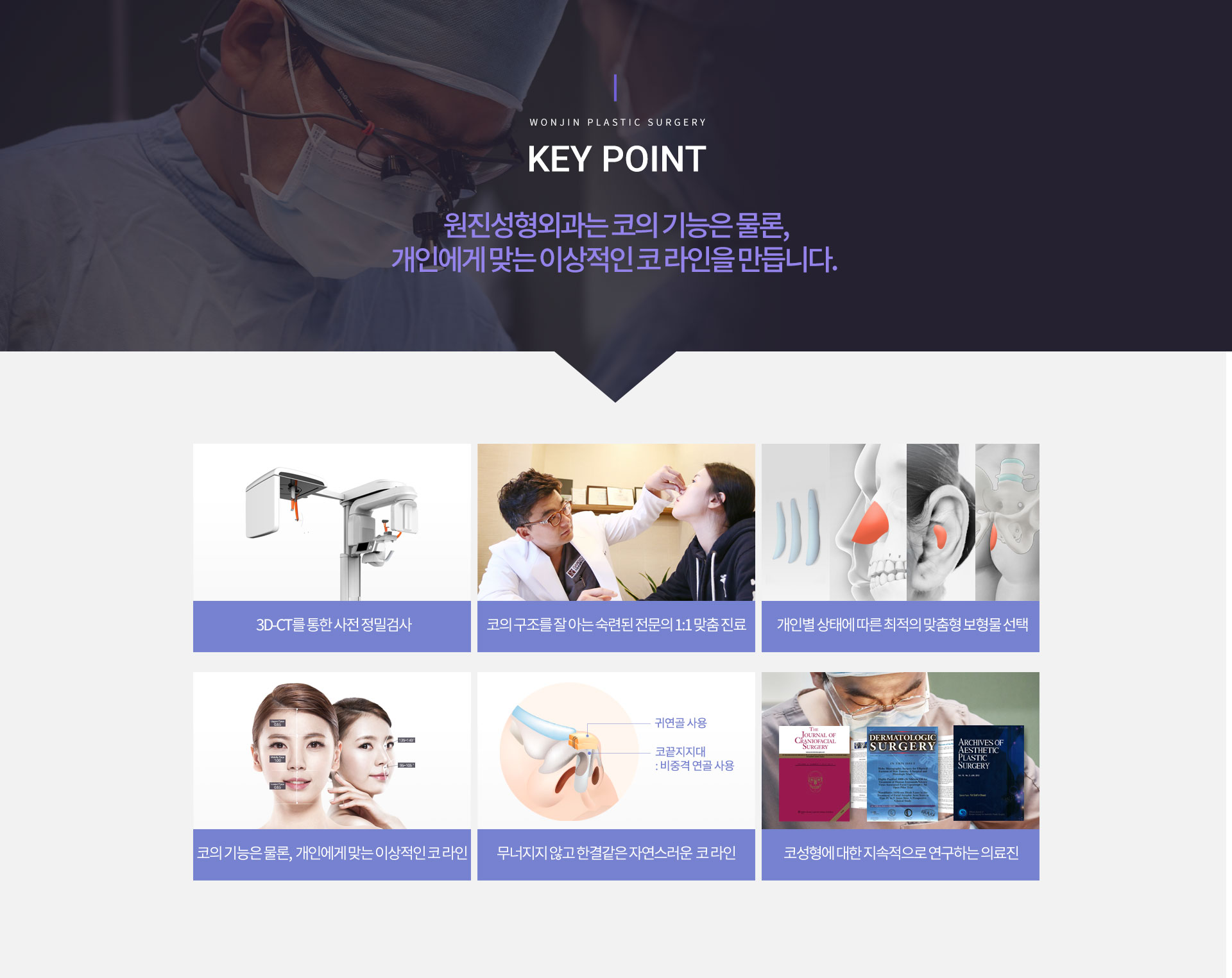 KEY POINT
				원진성형외과는 코의 기능은 물론,
				개인에게 맞는 이상적인 코 라인을 만듭니다.
				3D-CT를 통한 사전 정밀검사
				코의 구조를 잘 아는 숙련된 전문의 1:1 맞춤 진료
				개인별 상태에 따른 최적의 맞춤형 보형물 선택
				코의 기능은 물론,  개인에게 맞는 이상적인 코 라인
				무너지지 않고 한결같은 자연스러운  코 라인
				코성형에 대한 지속적으로 연구하는 의료진






